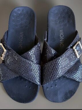 Vionic Sandal Dorie Size 6 Black Leather Slide On Shoe Snake Print Women's